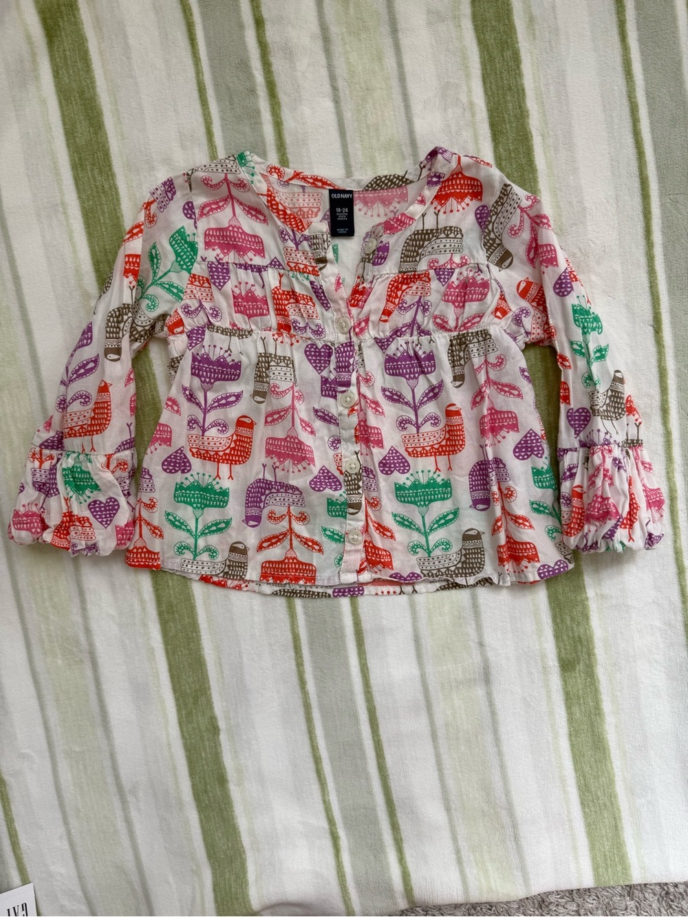Old Navy White Peasant Top with Multicolor Bird & Flower Print